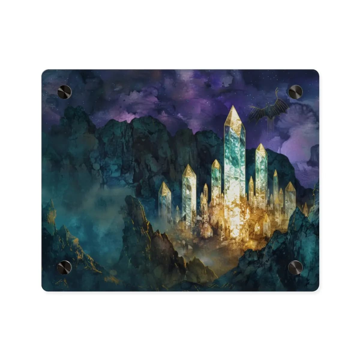 Crystal City Rising in the Night Mountains - Acrylic Wall Art Panels mockup angle 1