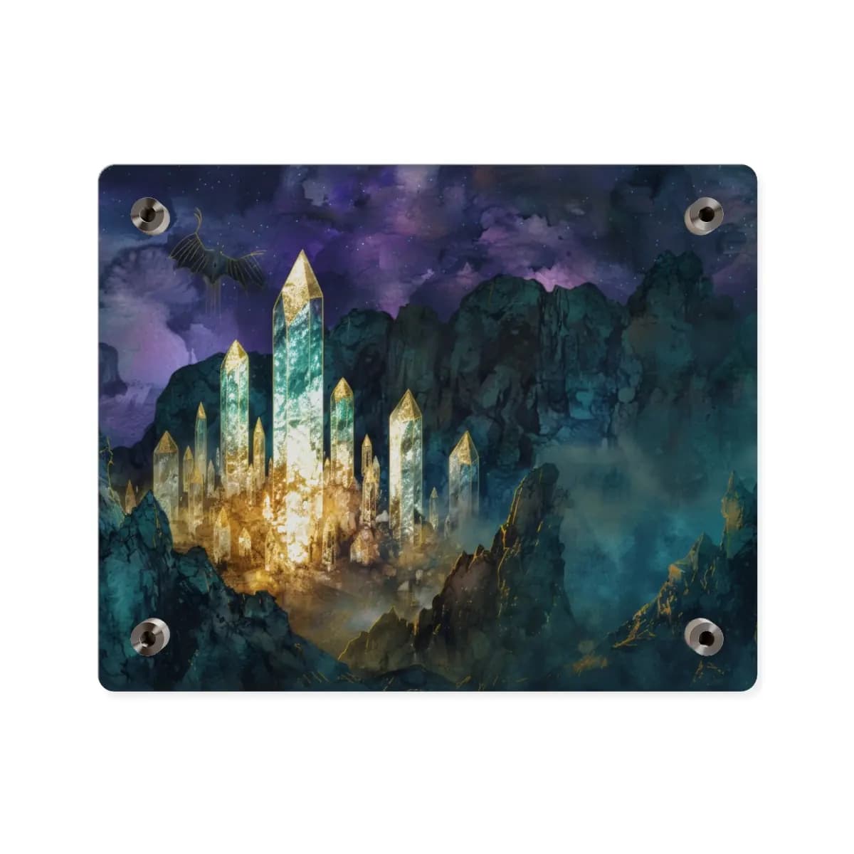 Crystal City Rising in the Night Mountains - Acrylic Wall Art Panels mockup angle 2