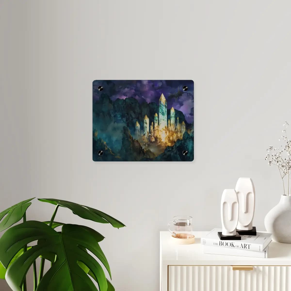 Crystal City Rising in the Night Mountains - Acrylic Wall Art Panels mockup angle 3