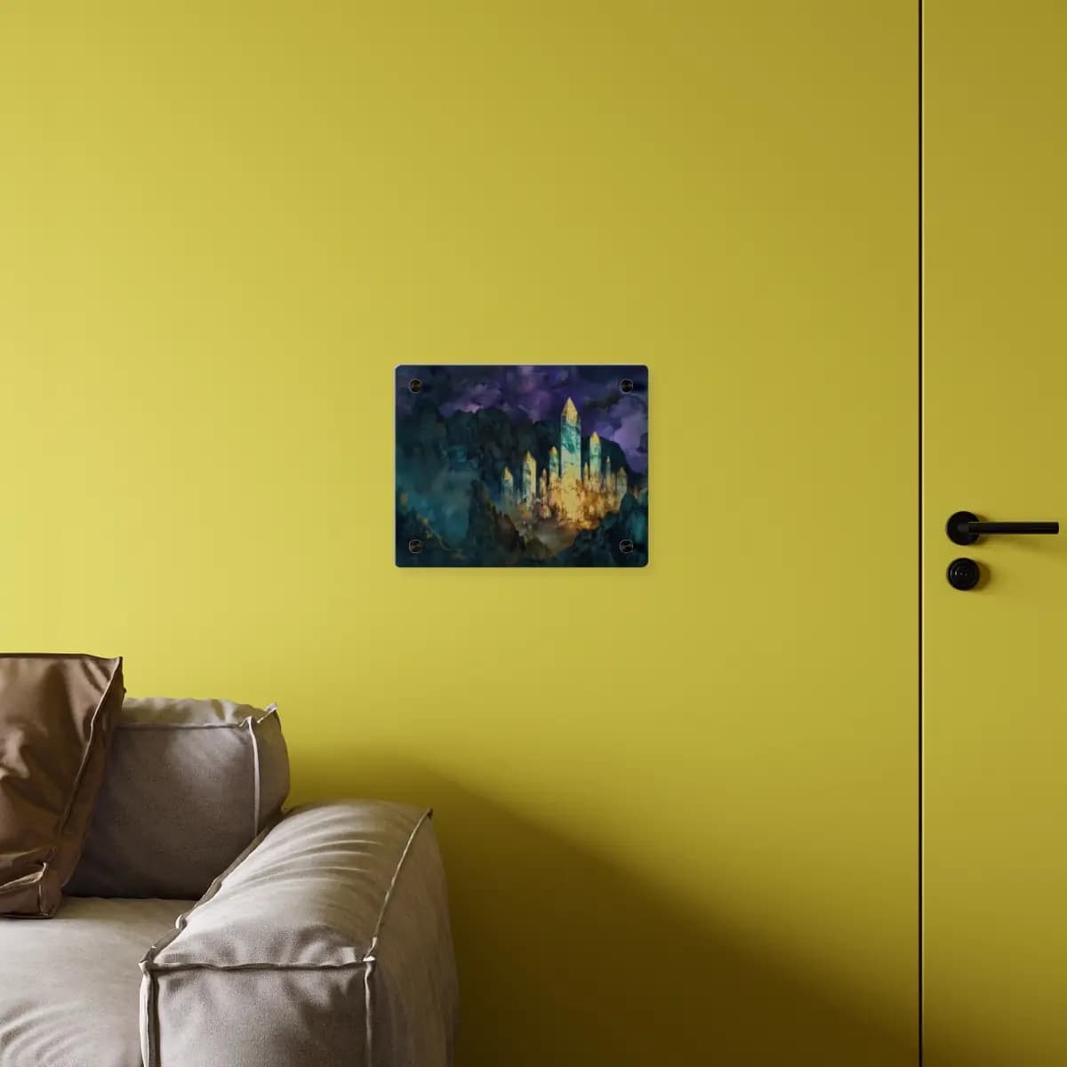 Crystal City Rising in the Night Mountains - Acrylic Wall Art Panels mockup angle 4