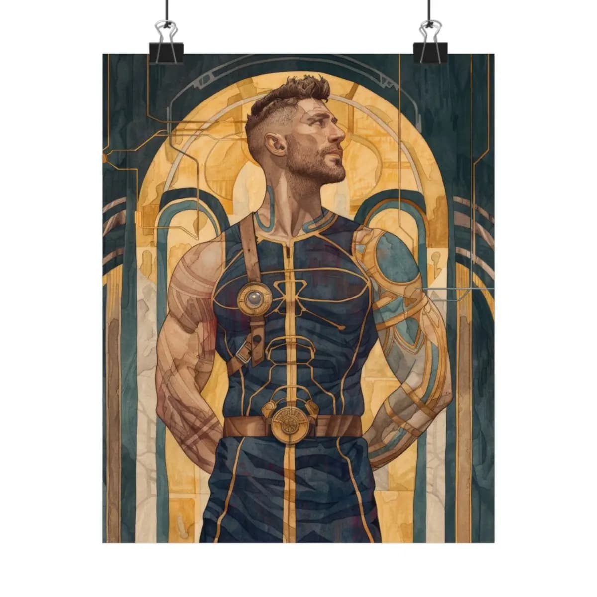 Futuristic Warrior in Golden and Teal Armor - Matte Vertical Posters mockup angle 1