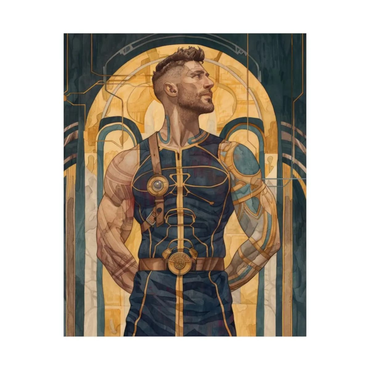 Futuristic Warrior in Golden and Teal Armor - Matte Vertical Posters mockup angle 2