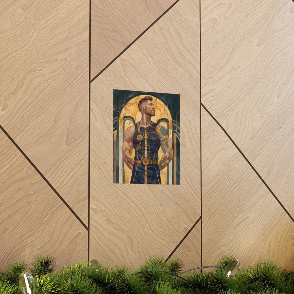 Futuristic Warrior in Golden and Teal Armor - Matte Vertical Posters mockup angle 5
