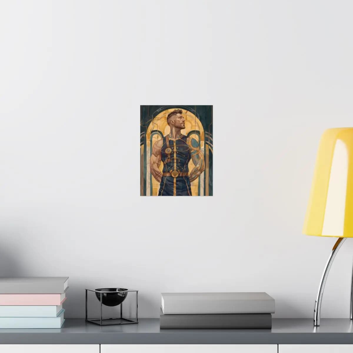 Futuristic Warrior in Golden and Teal Armor - Matte Vertical Posters mockup angle 8