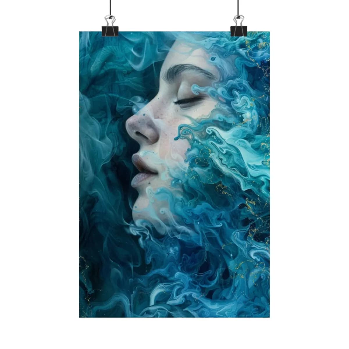 Woman's Face Dissolving into Turquoise Waves - Matte Vertical Posters mockup angle 1