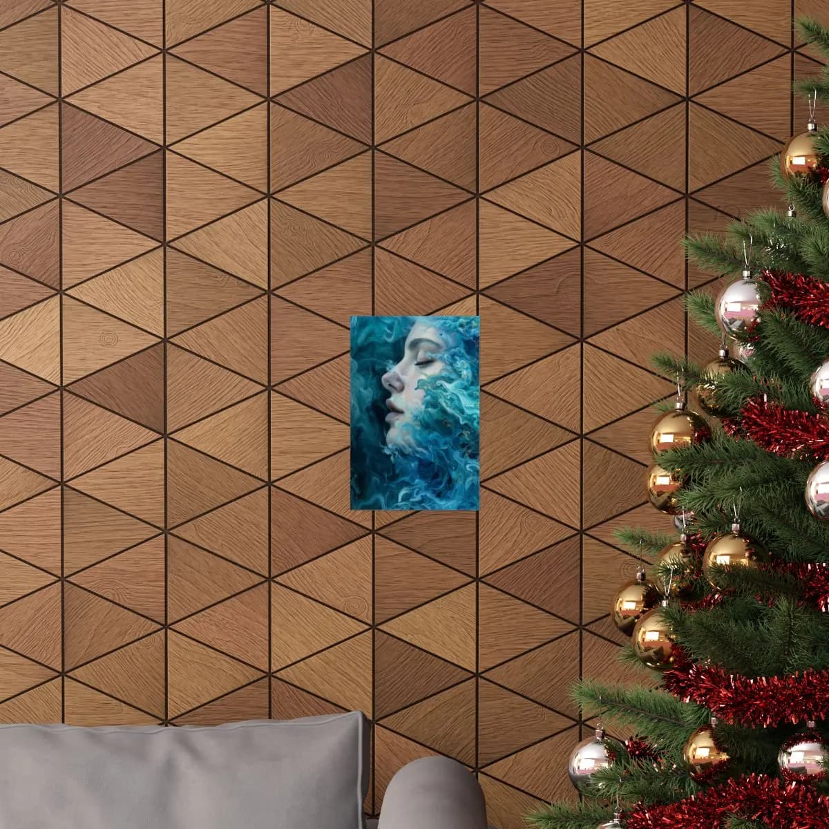 Woman's Face Dissolving into Turquoise Waves - Matte Vertical Posters mockup angle 4