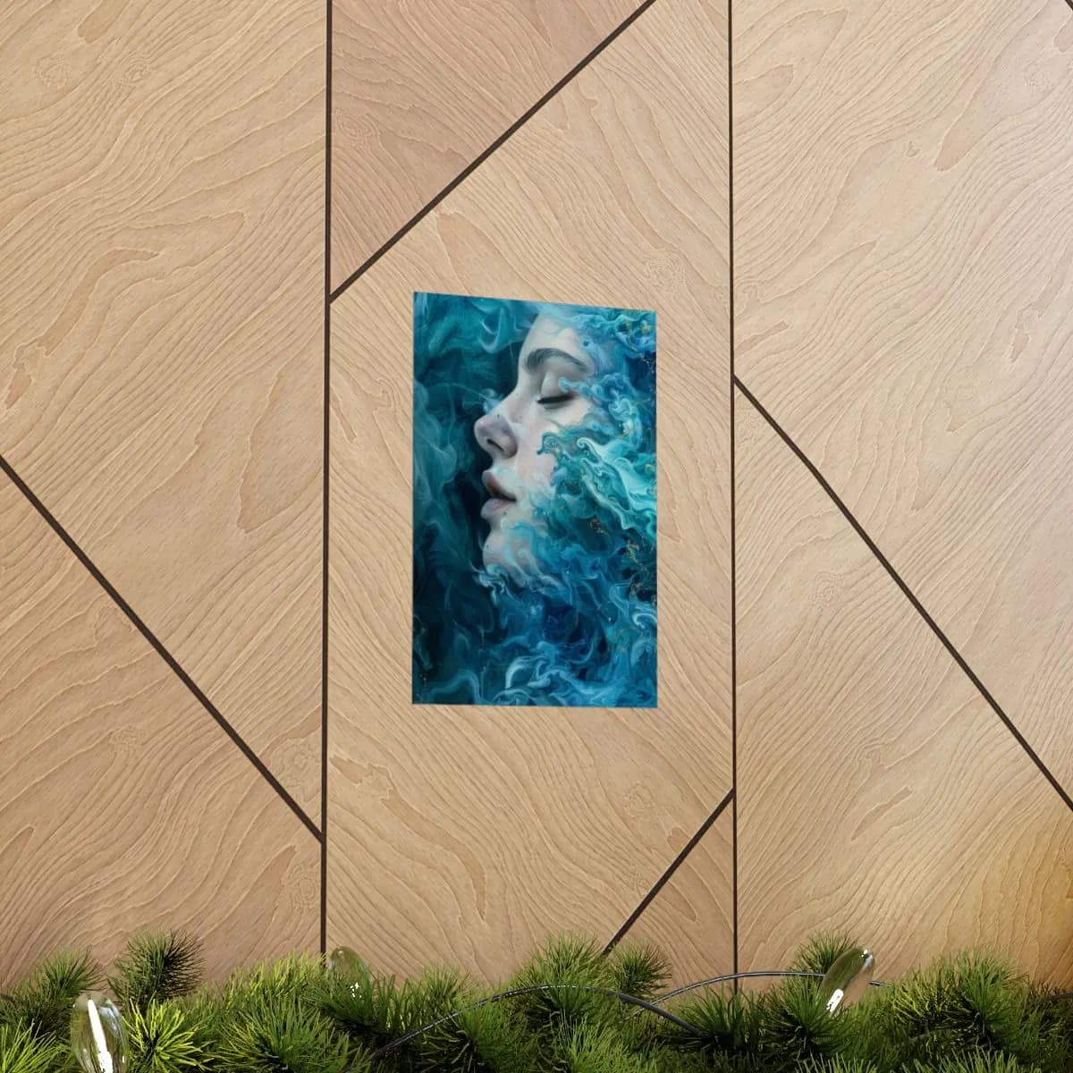 Woman's Face Dissolving into Turquoise Waves - Matte Vertical Posters mockup angle 5