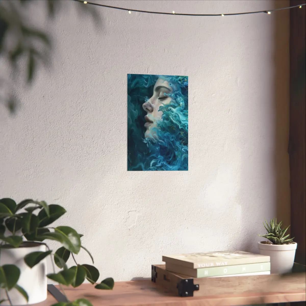 Woman's Face Dissolving into Turquoise Waves - Matte Vertical Posters mockup angle 6