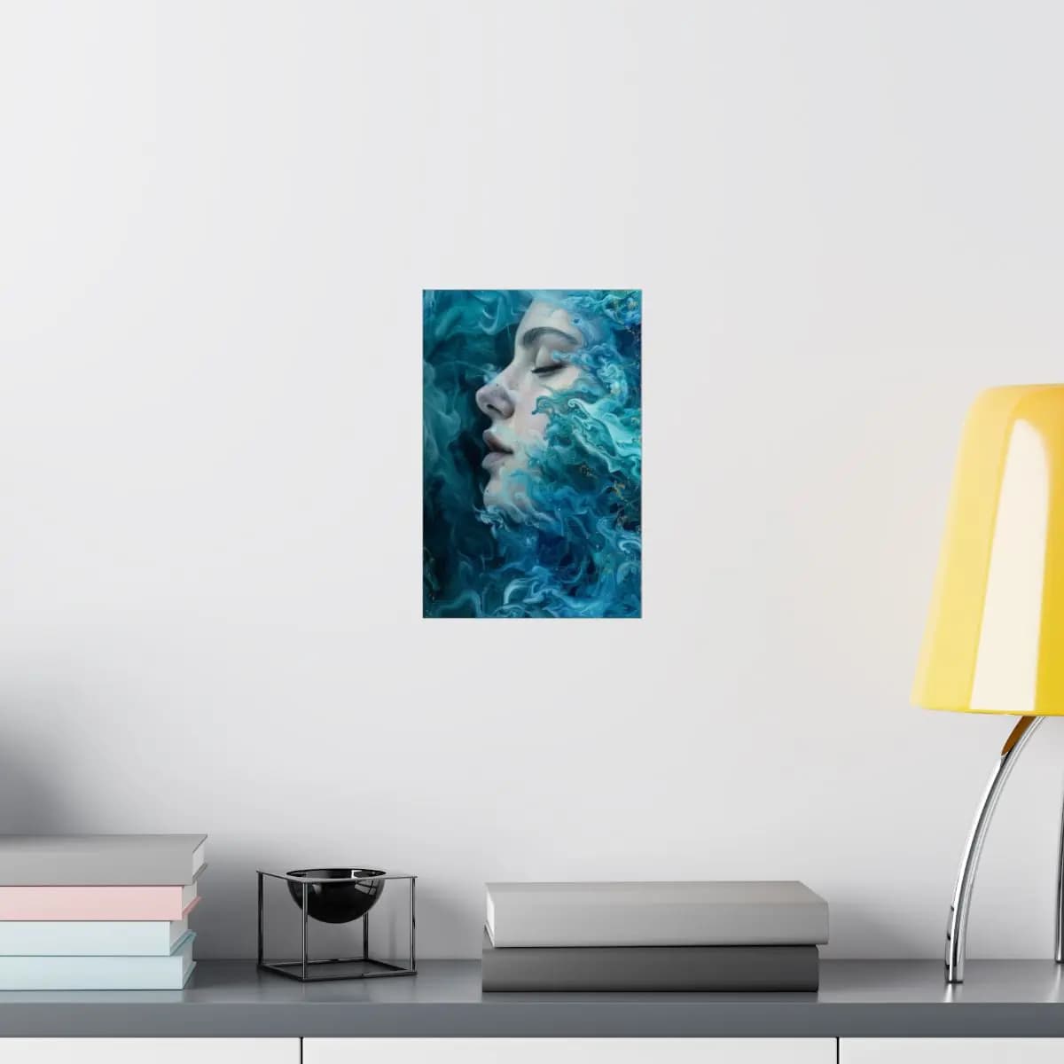 Woman's Face Dissolving into Turquoise Waves - Matte Vertical Posters mockup angle 8