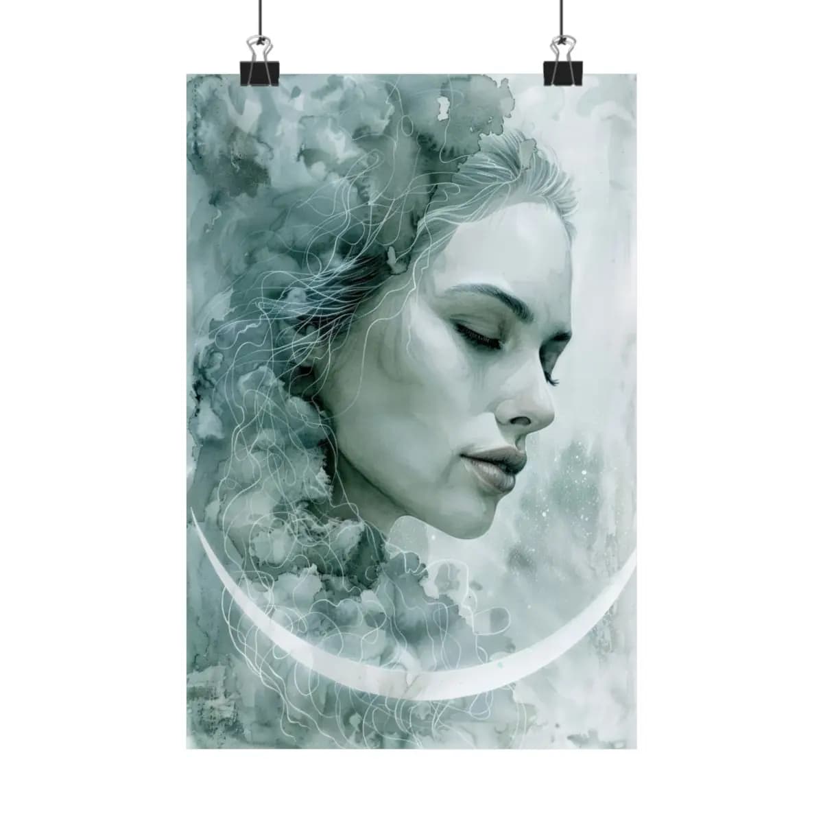 Woman's Face Dissolving into Mist and Crescent - Matte Vertical Posters mockup angle 1