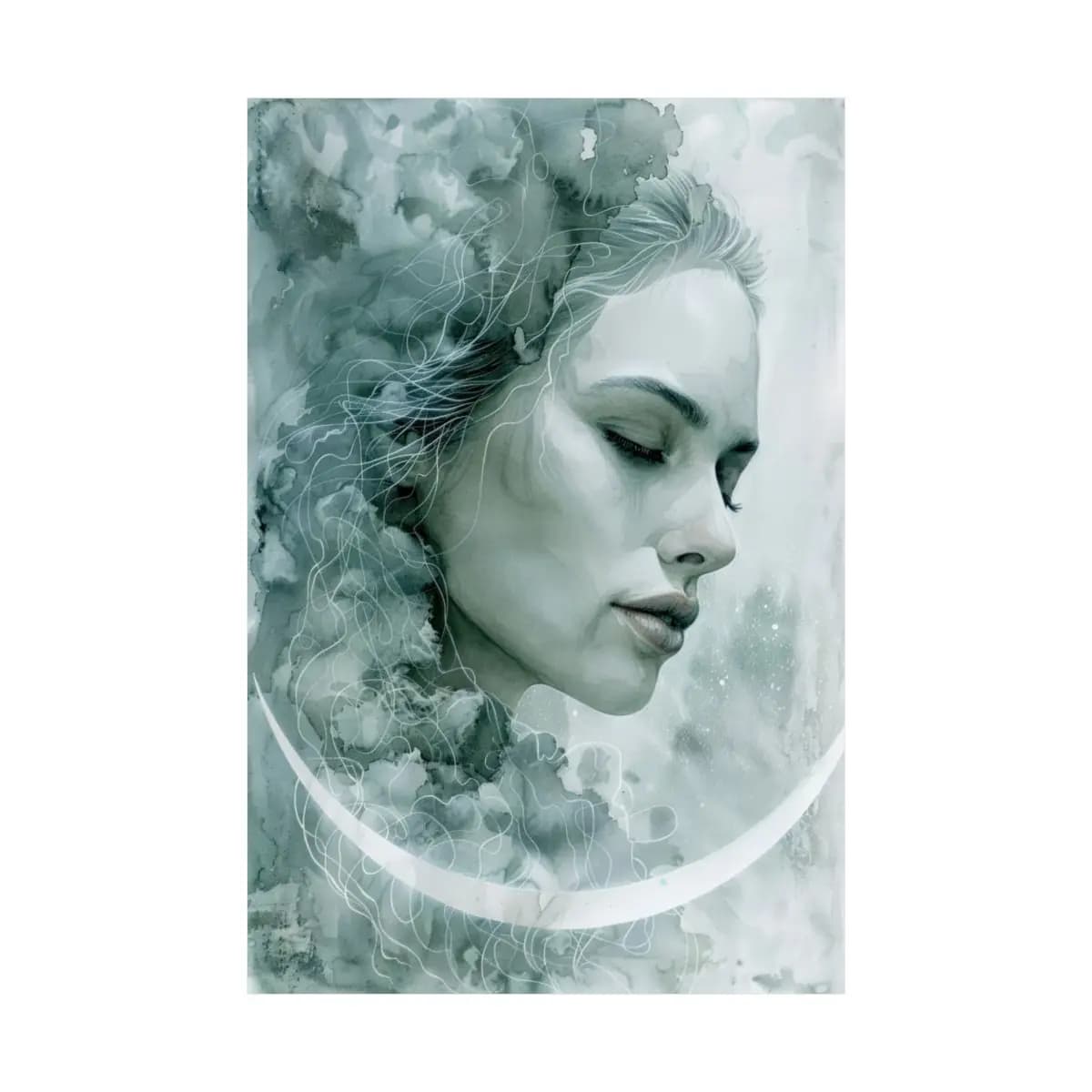 Woman's Face Dissolving into Mist and Crescent - Matte Vertical Posters mockup angle 2