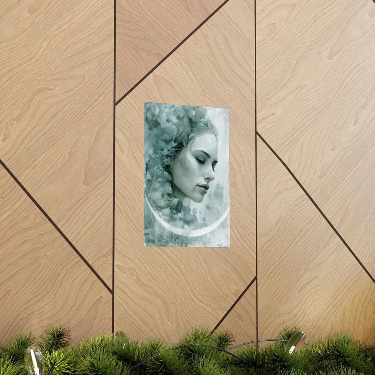 Woman's Face Dissolving into Mist and Crescent - Matte Vertical Posters mockup angle 5