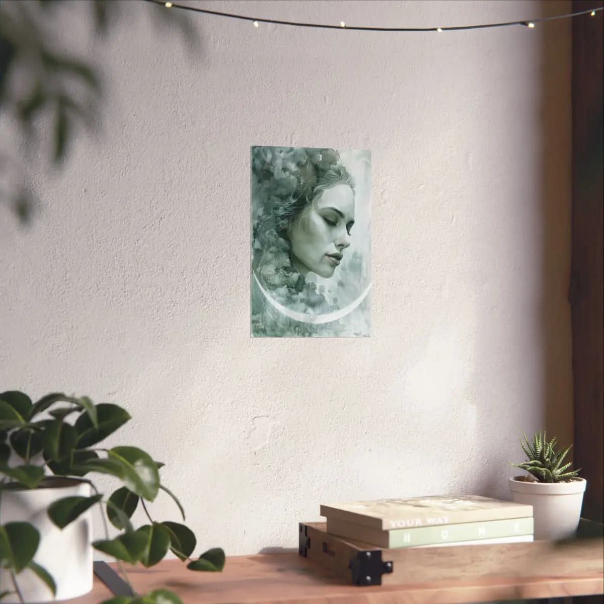 Woman's Face Dissolving into Mist and Crescent - Matte Vertical Posters mockup angle 6