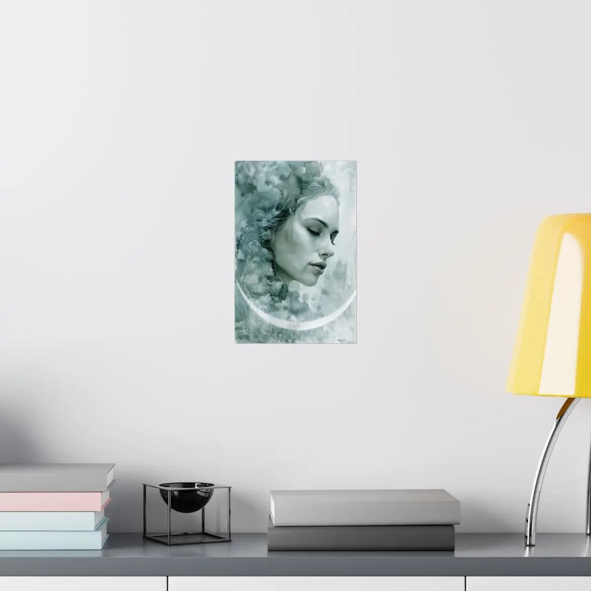 Woman's Face Dissolving into Mist and Crescent - Matte Vertical Posters mockup angle 8