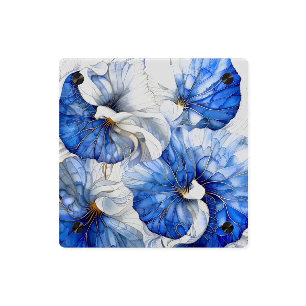 Blue Blooms Traced in Golden Veins - Acrylic Wall Art Panels mockup angle 1
