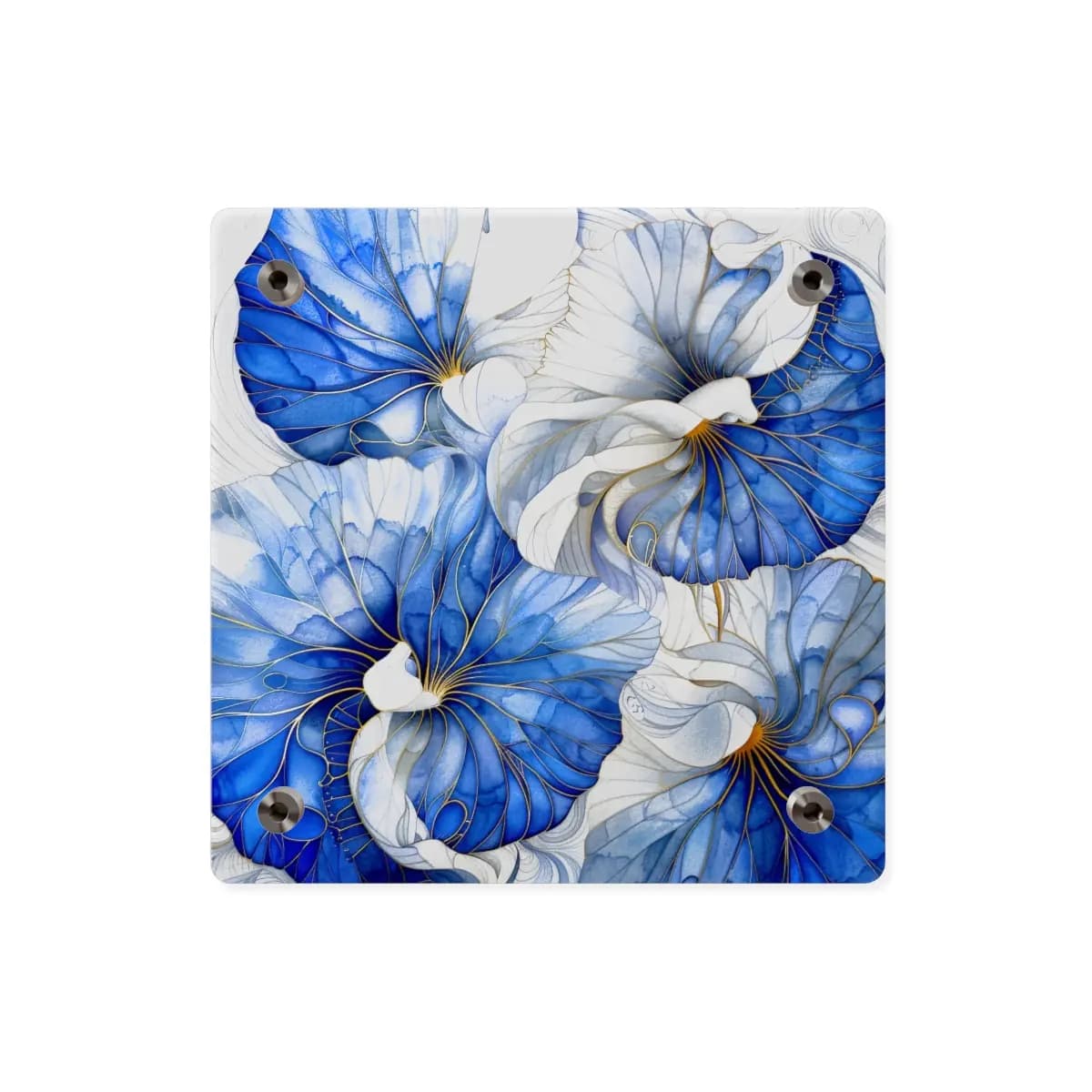 Blue Blooms Traced in Golden Veins - Acrylic Wall Art Panels mockup angle 2