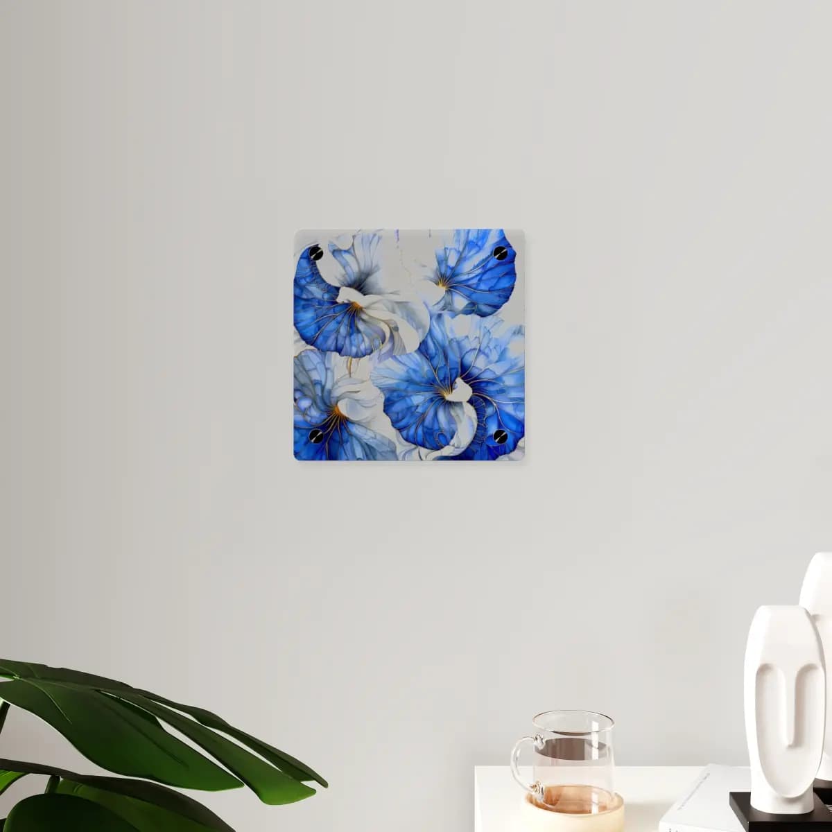 Blue Blooms Traced in Golden Veins - Acrylic Wall Art Panels mockup angle 3