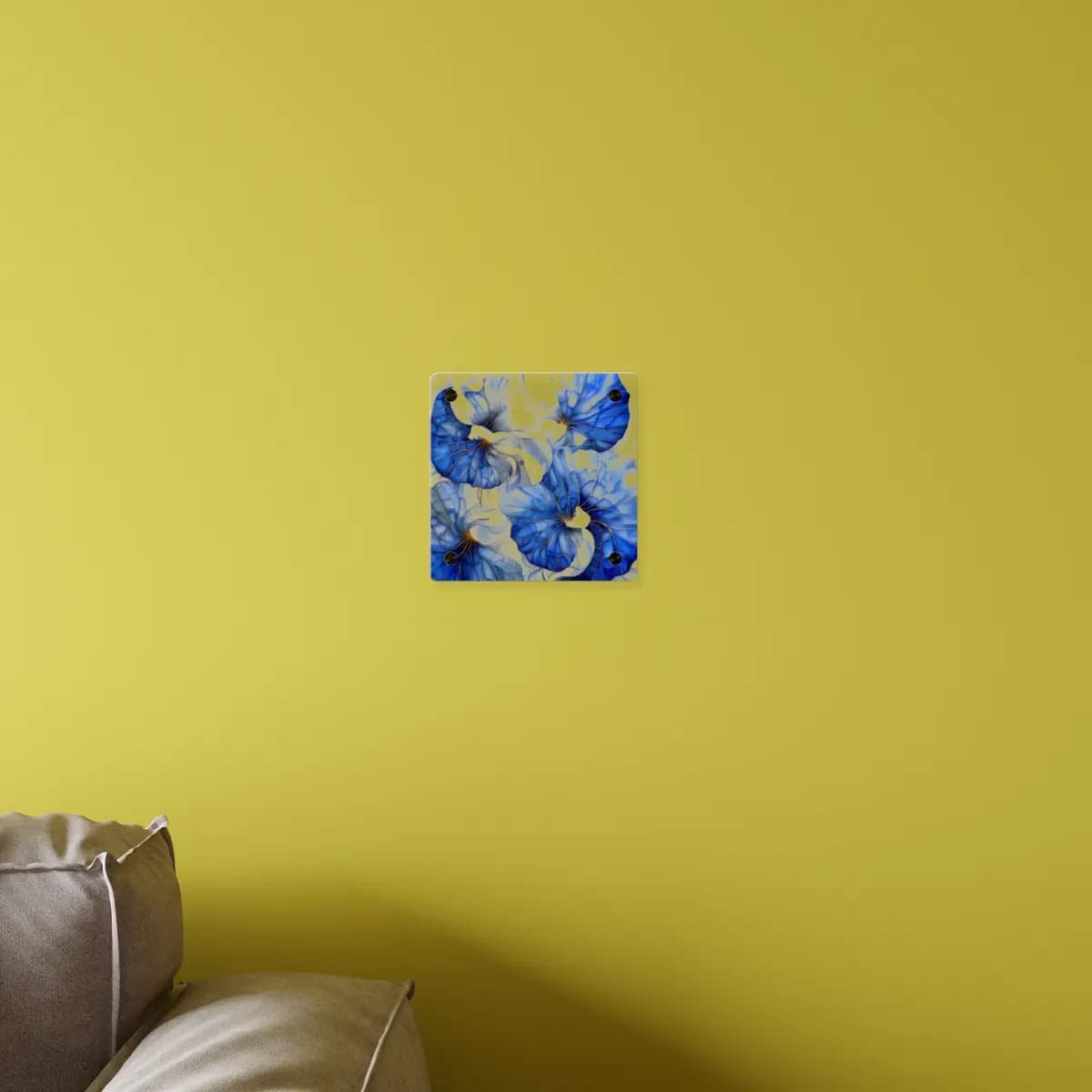 Blue Blooms Traced in Golden Veins - Acrylic Wall Art Panels mockup angle 4