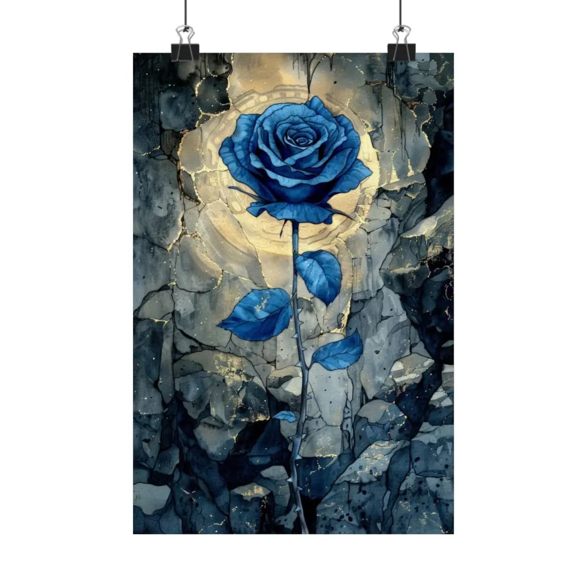 Eternal Blue Rose Among Shattered Stone - Matte Vertical Posters mockup angle 1