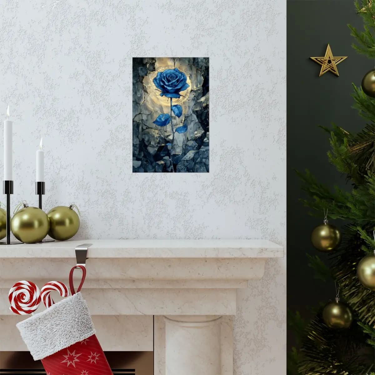 Eternal Blue Rose Among Shattered Stone - Matte Vertical Posters mockup angle 7