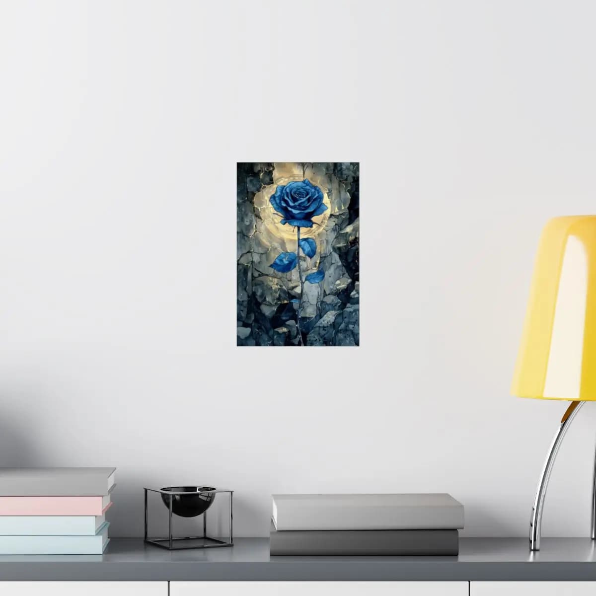 Eternal Blue Rose Among Shattered Stone - Matte Vertical Posters mockup angle 8
