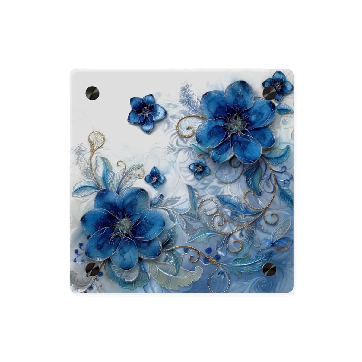 Blue Ornamental Flowers with Golden Scrollwork - Acrylic Wall Art Panels mockup angle 1