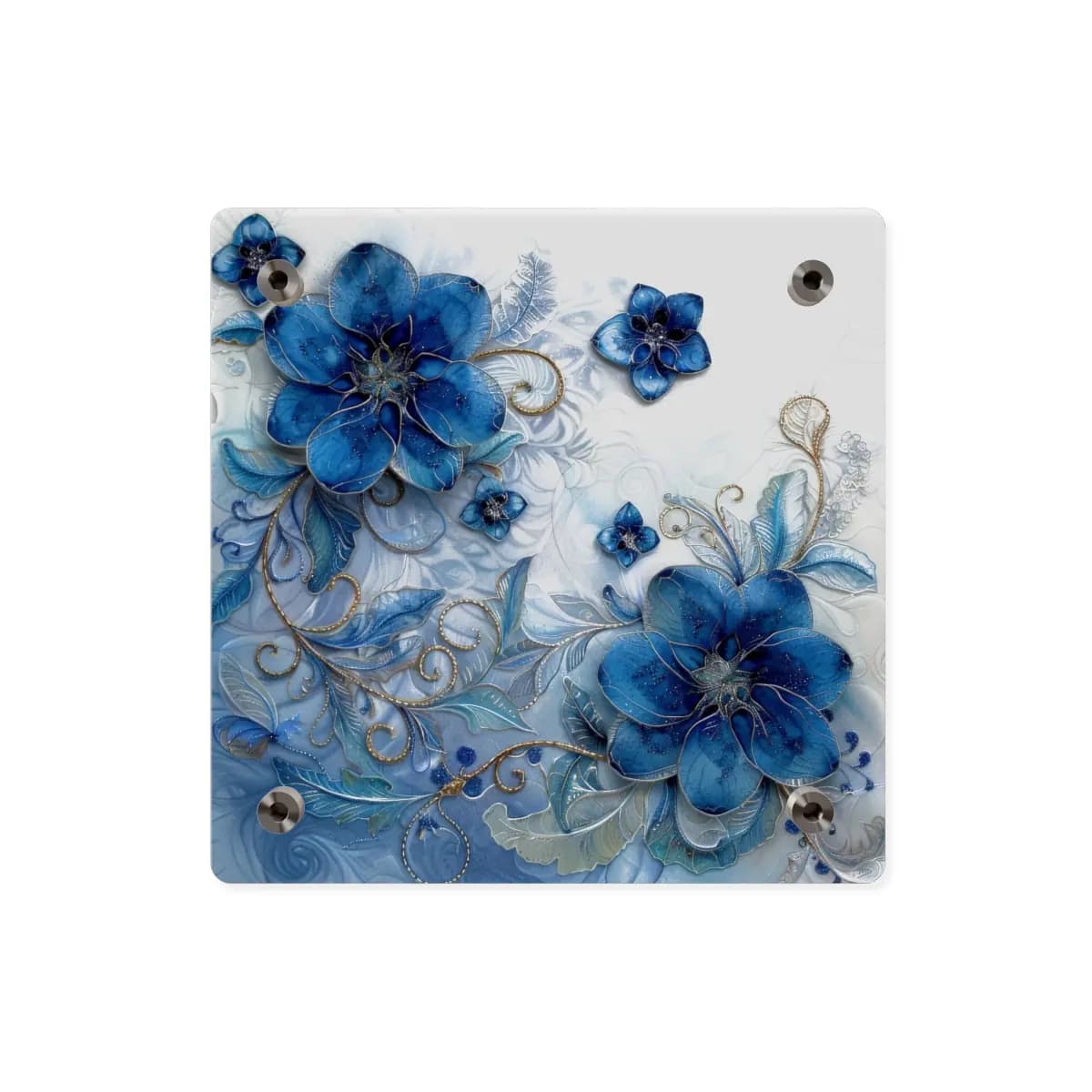 Blue Ornamental Flowers with Golden Scrollwork - Acrylic Wall Art Panels mockup angle 2