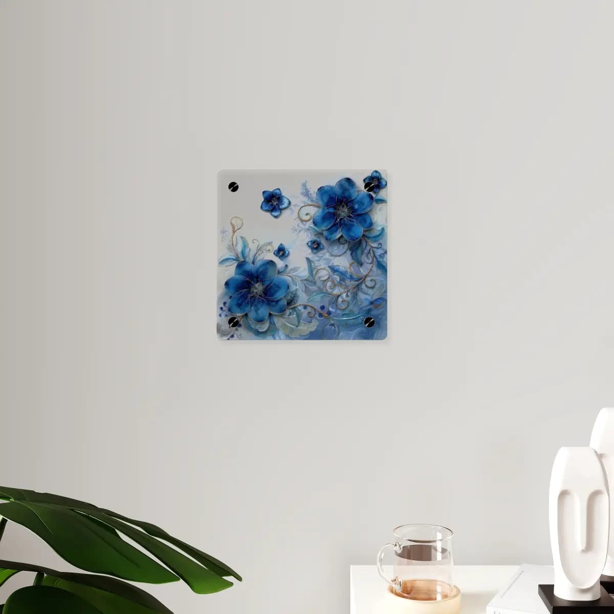 Blue Ornamental Flowers with Golden Scrollwork - Acrylic Wall Art Panels mockup angle 3