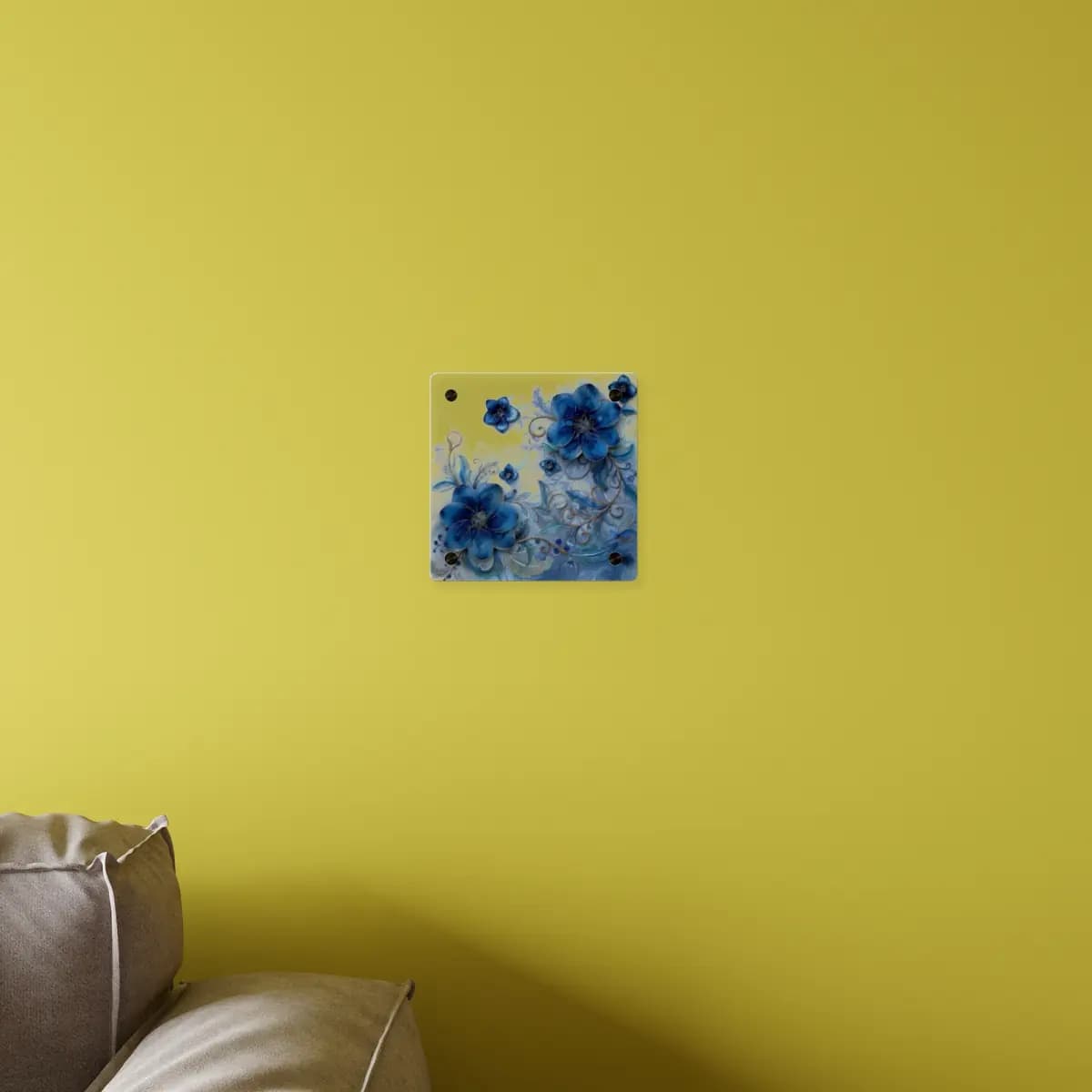 Blue Ornamental Flowers with Golden Scrollwork - Acrylic Wall Art Panels mockup angle 4