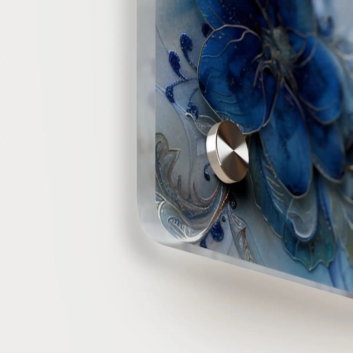 Blue Ornamental Flowers with Golden Scrollwork - Acrylic Wall Art Panels mockup angle 5