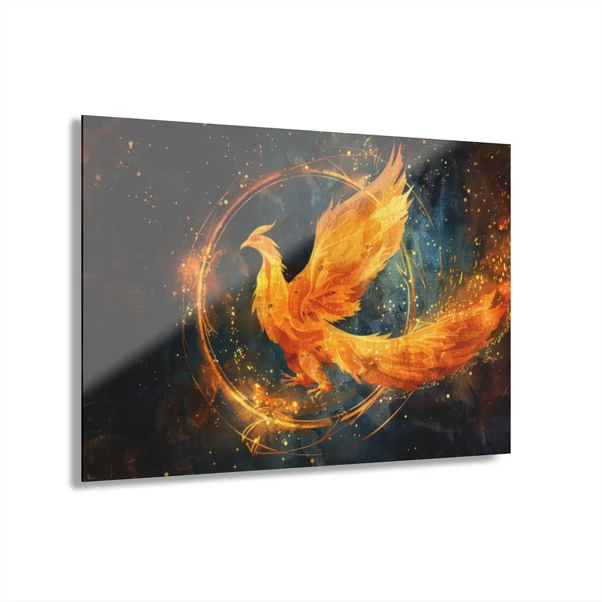 Golden Fire Phoenix Rising in Blazing Flames - Acrylic Prints (French Cleat Hanging) mockup angle 1
