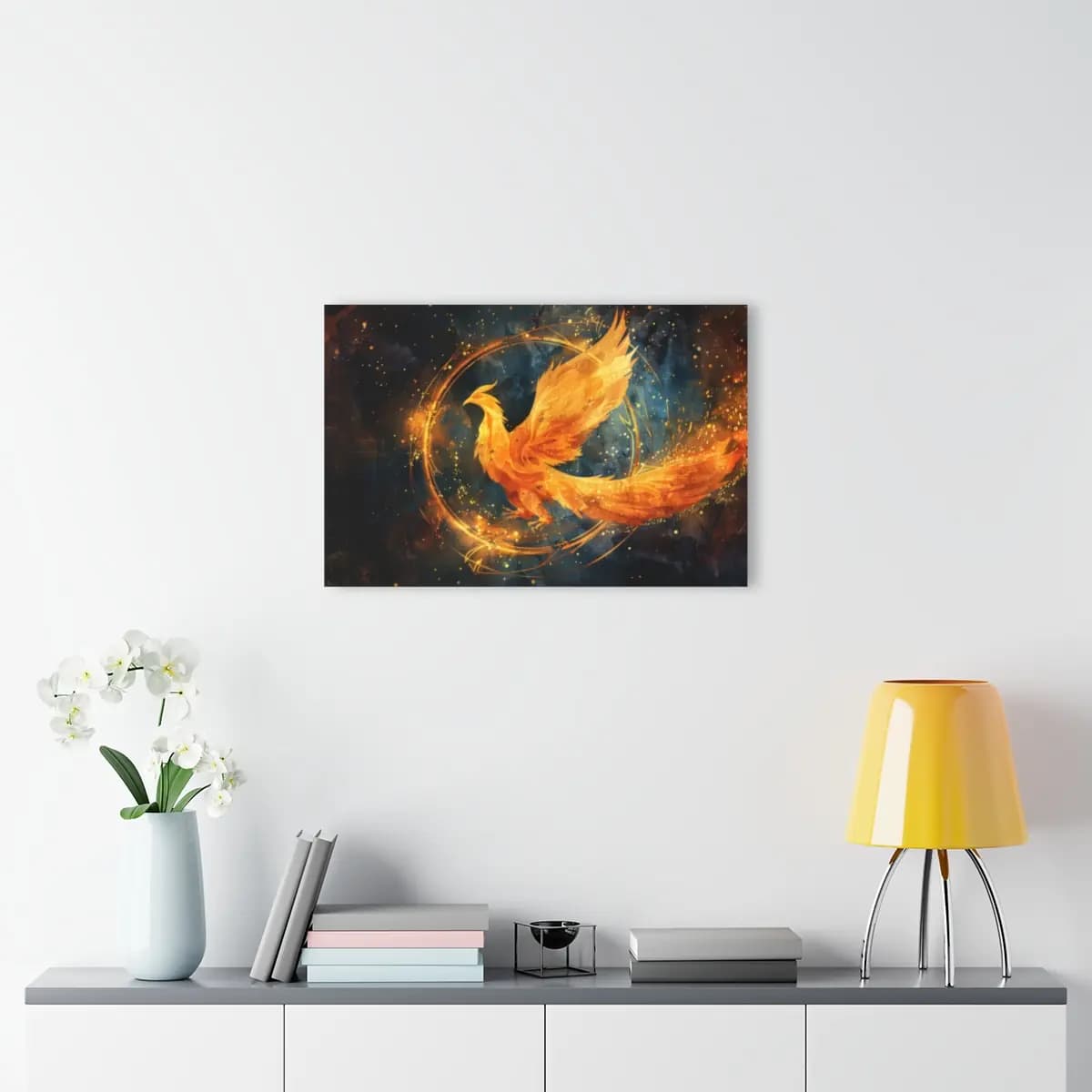 Golden Fire Phoenix Rising in Blazing Flames - Acrylic Prints (French Cleat Hanging) mockup angle 4