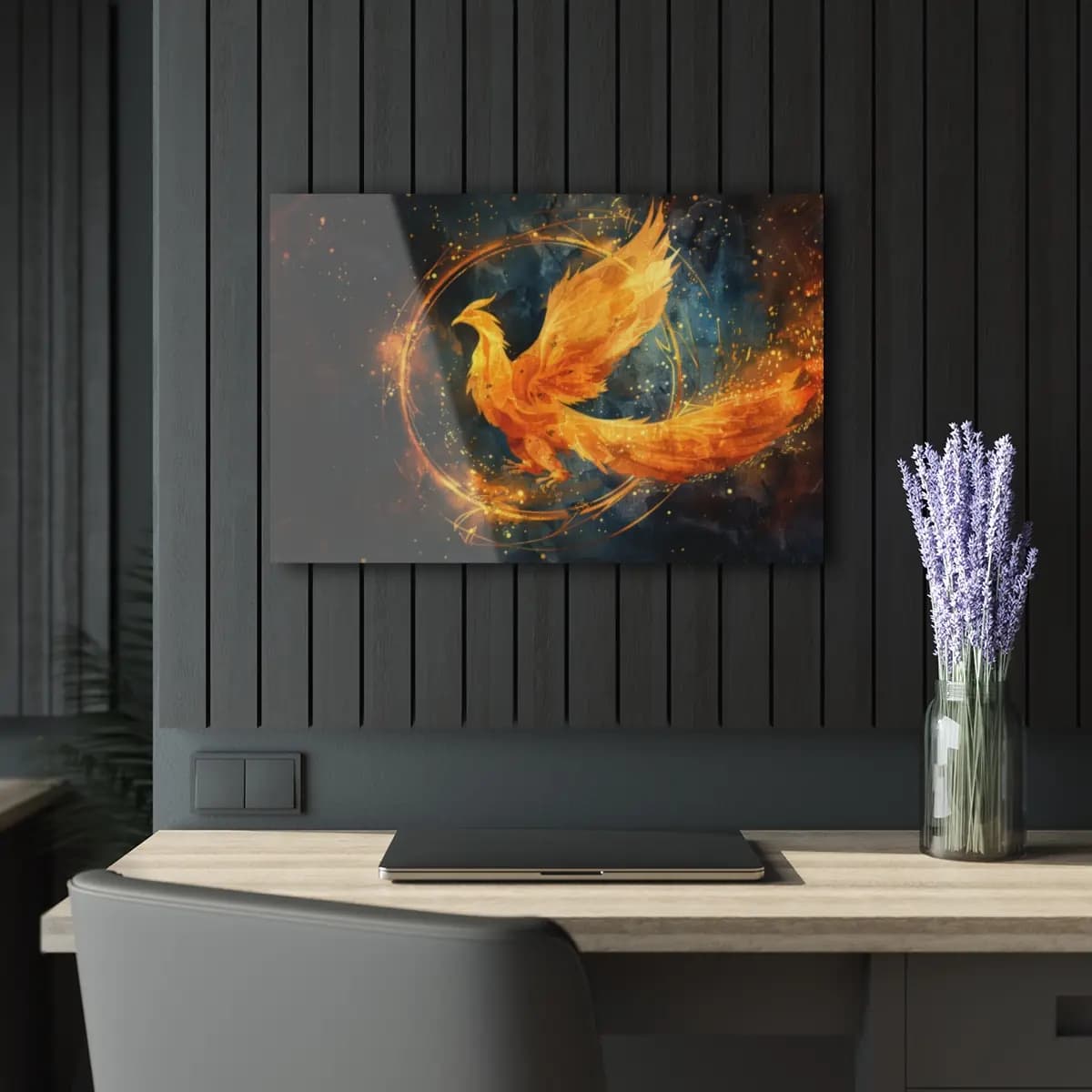 Golden Fire Phoenix Rising in Blazing Flames - Acrylic Prints (French Cleat Hanging) mockup angle 5