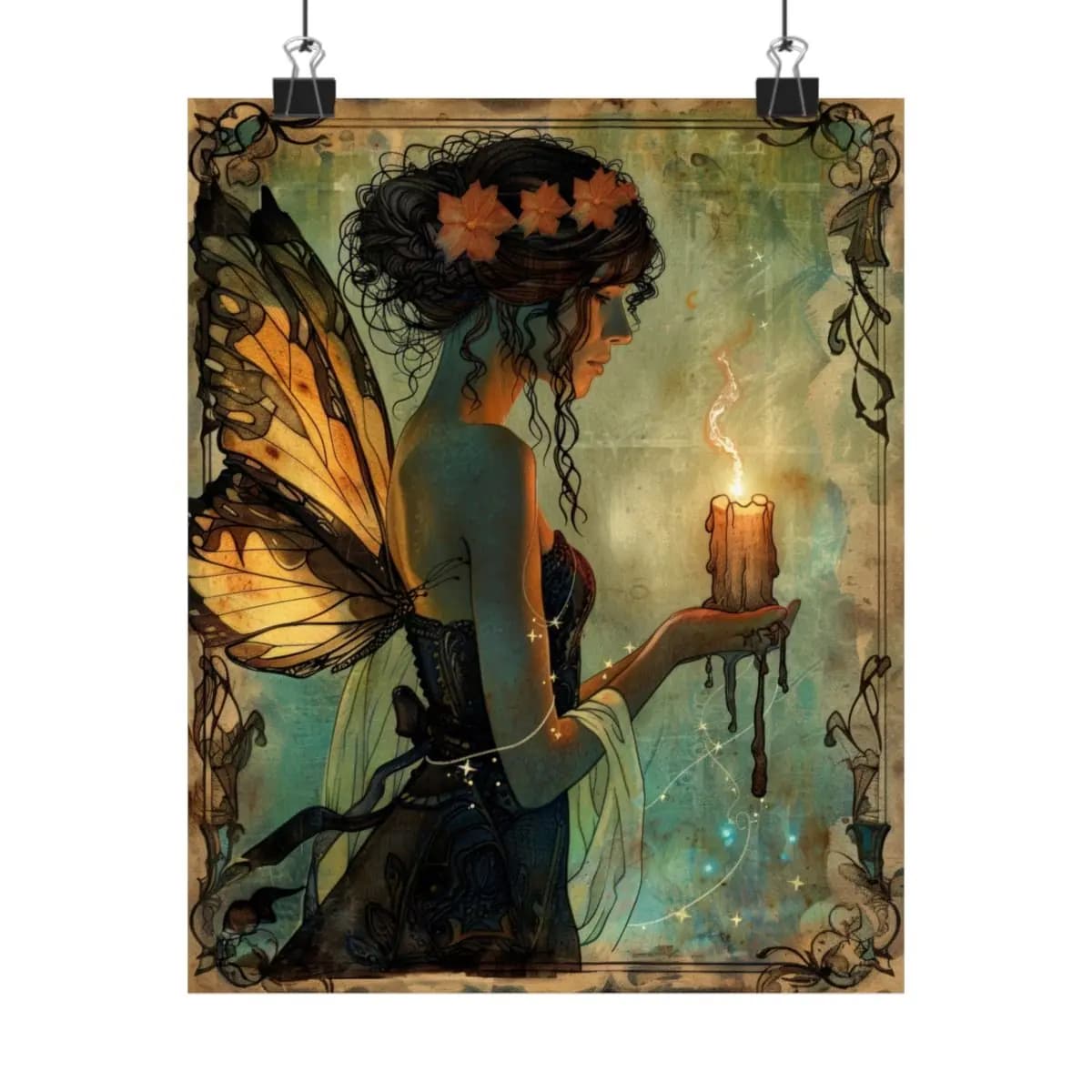 Butterfly-Winged Fairy Holding a Magic Candle - Matte Vertical Posters mockup angle 1