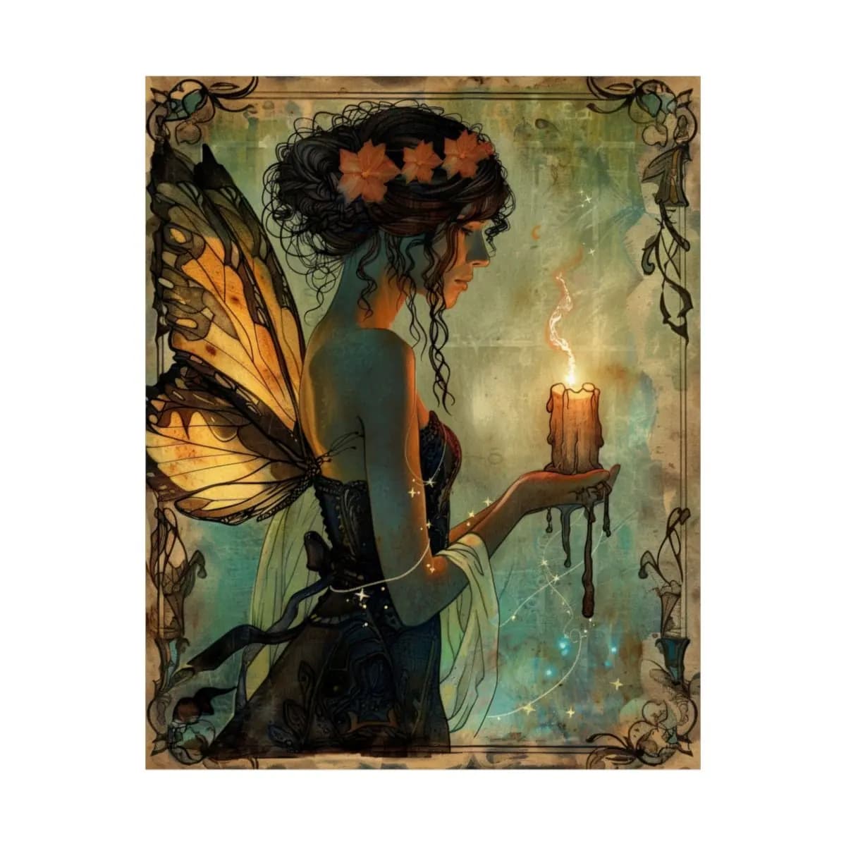 Butterfly-Winged Fairy Holding a Magic Candle - Matte Vertical Posters mockup angle 2