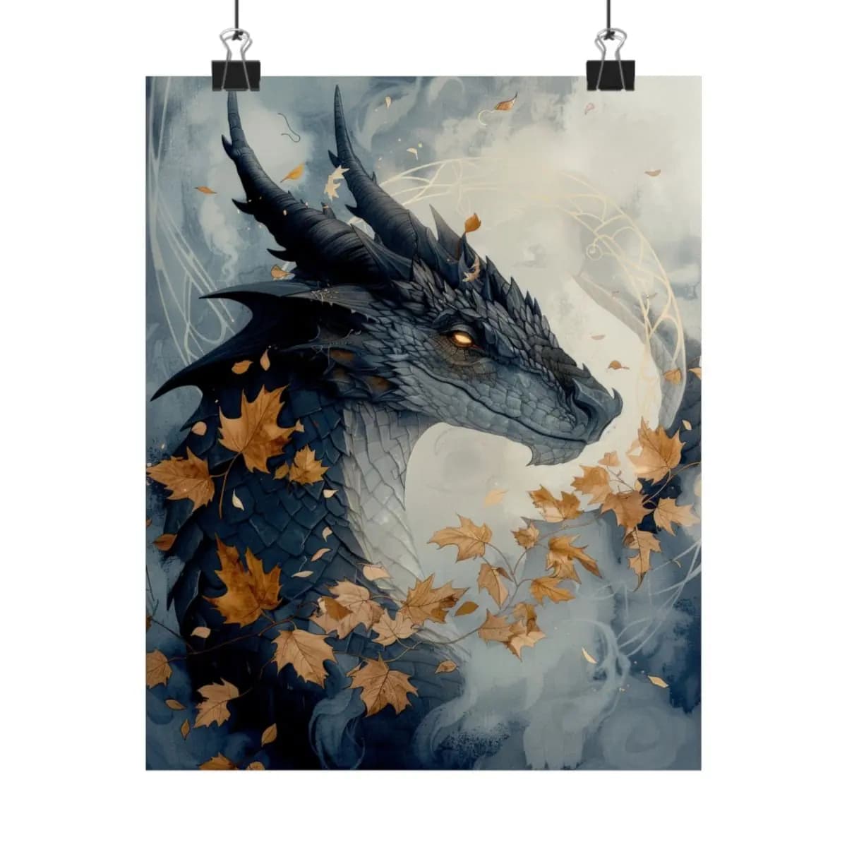 Shadow Dragon Among Autumn Maple Leaves - Matte Vertical Posters mockup angle 1