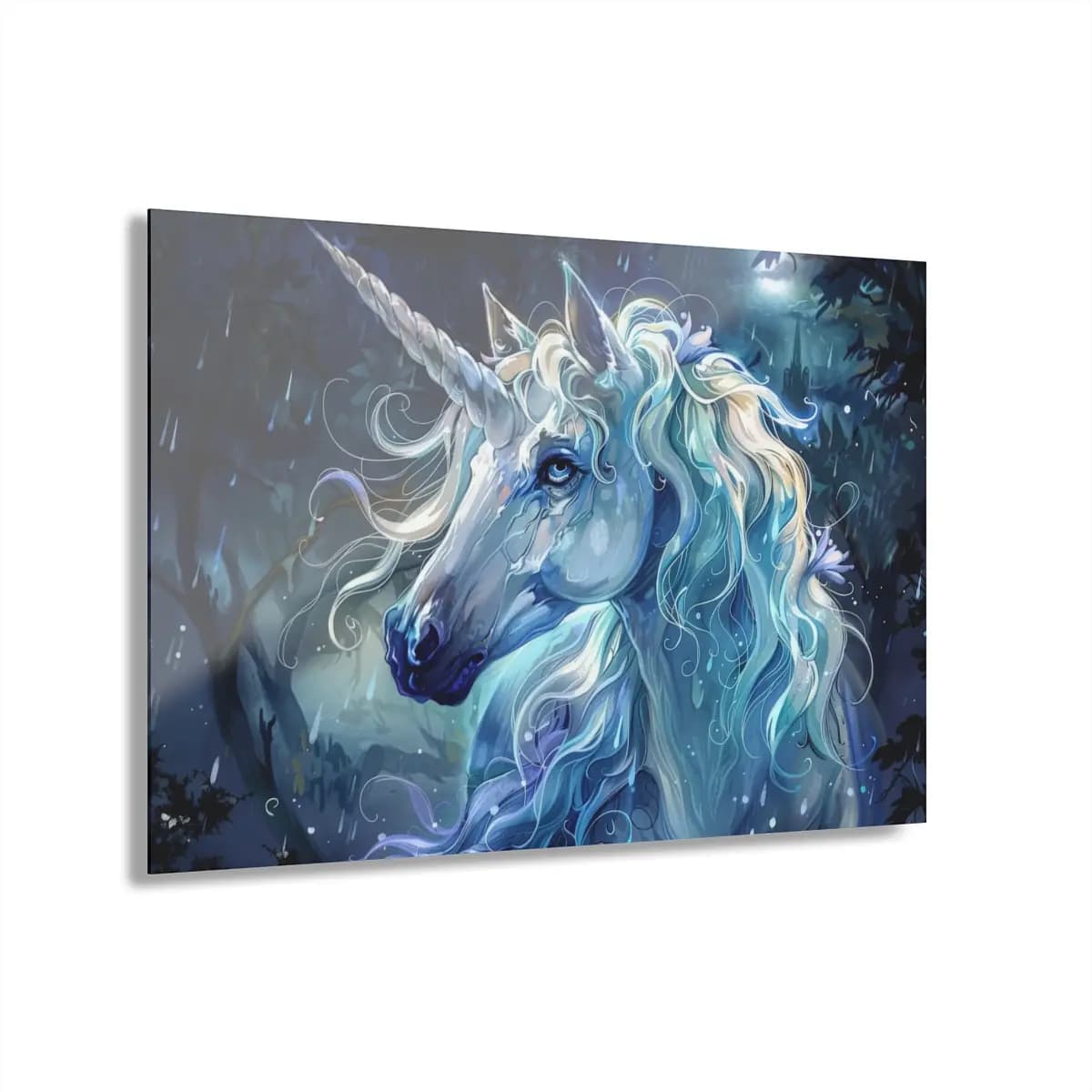 The Blue Unicorn in the Nocturnal Rain - Acrylic Prints (French Cleat Hanging) mockup angle 1