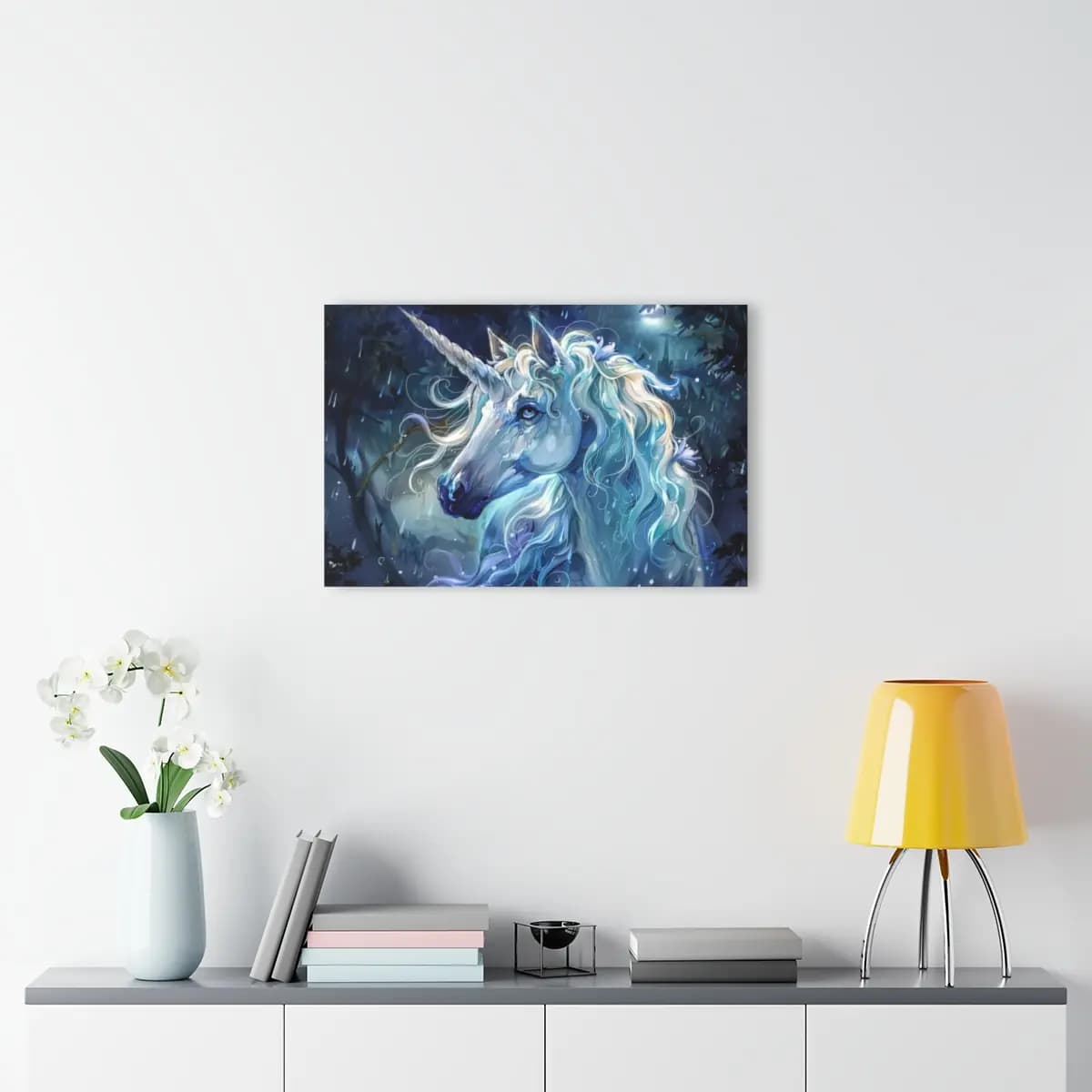 The Blue Unicorn in the Nocturnal Rain - Acrylic Prints (French Cleat Hanging) mockup angle 4