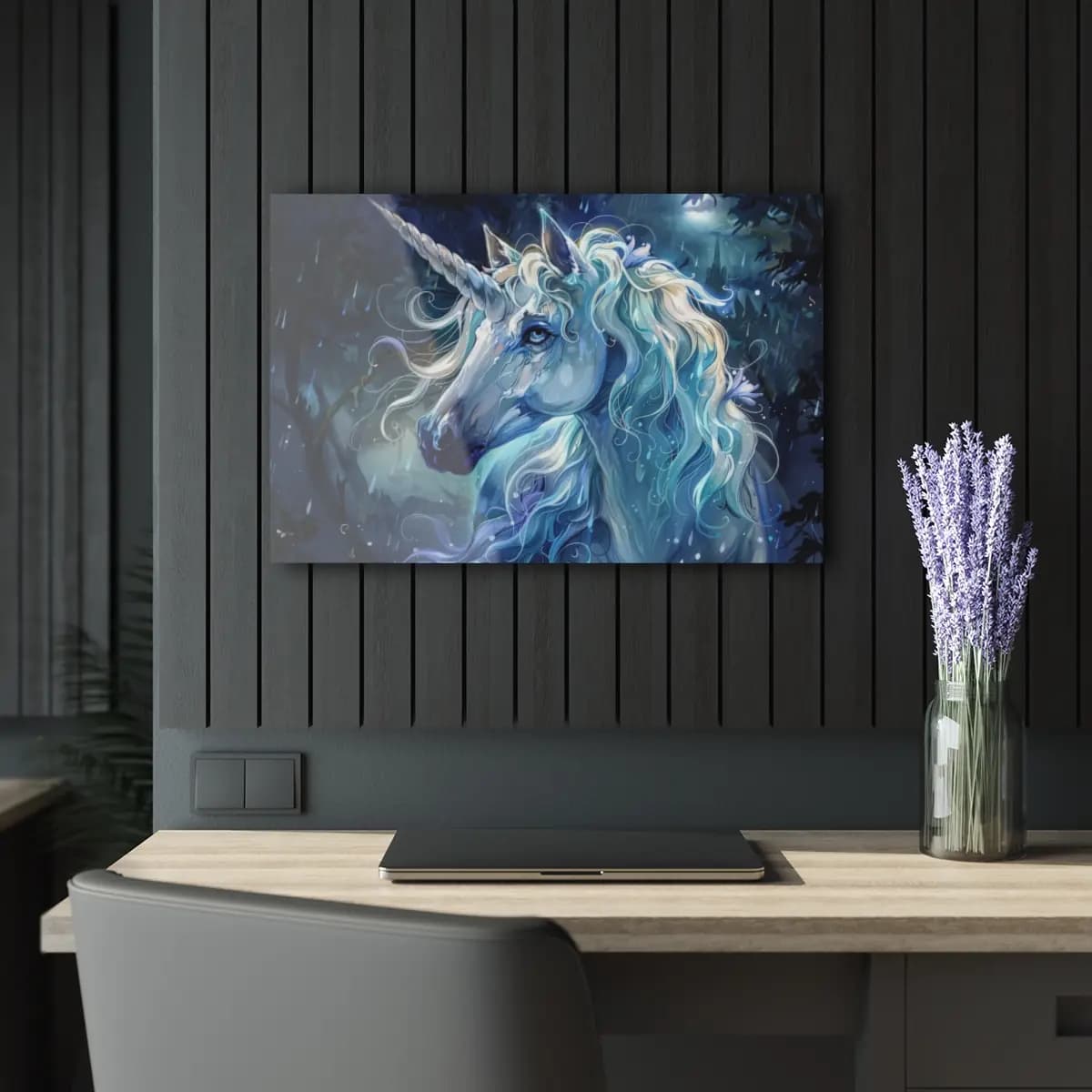 The Blue Unicorn in the Nocturnal Rain - Acrylic Prints (French Cleat Hanging) mockup angle 5