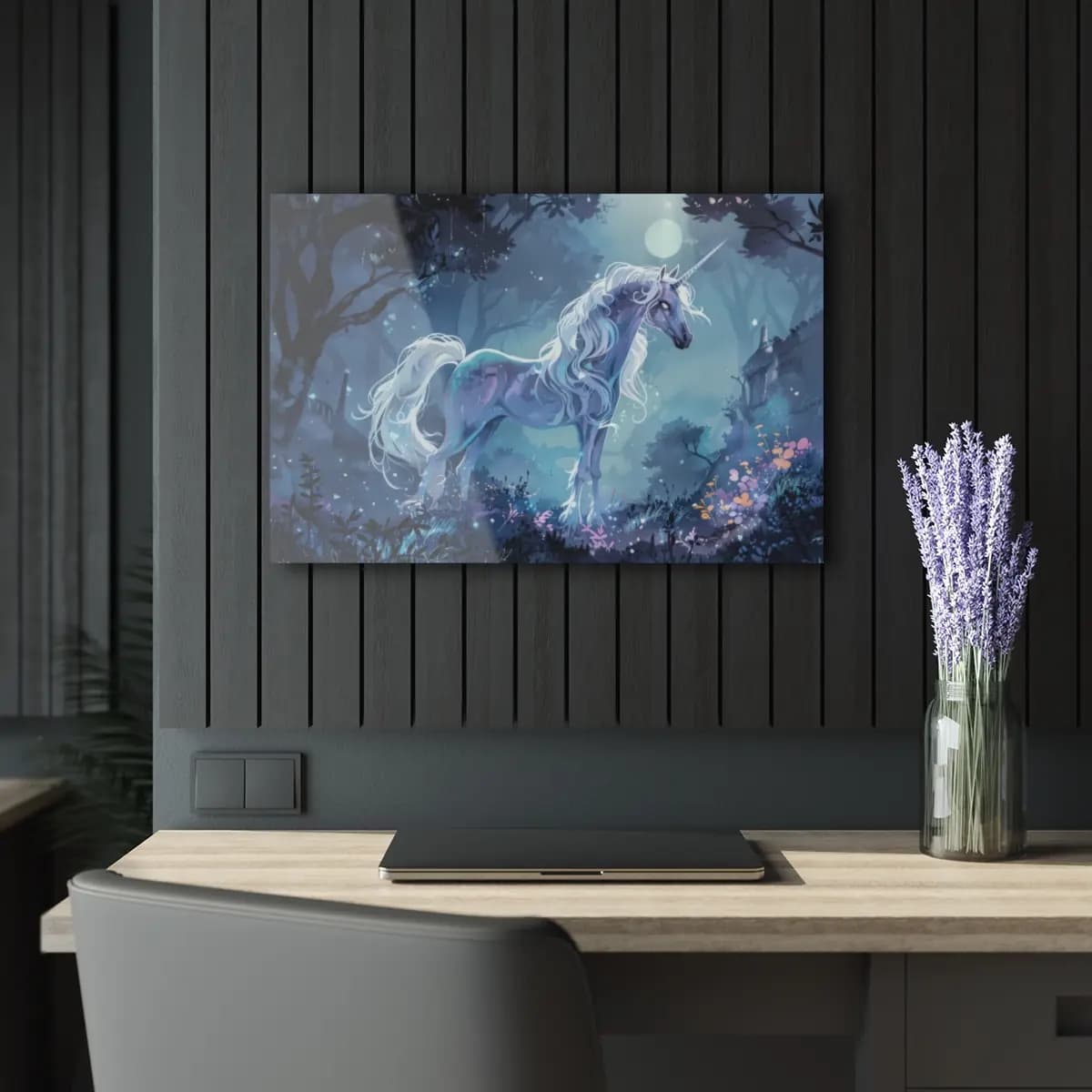 Luminous Unicorn in an Enchanted Moonlit Forest - Acrylic Prints (French Cleat Hanging) mockup angle 5