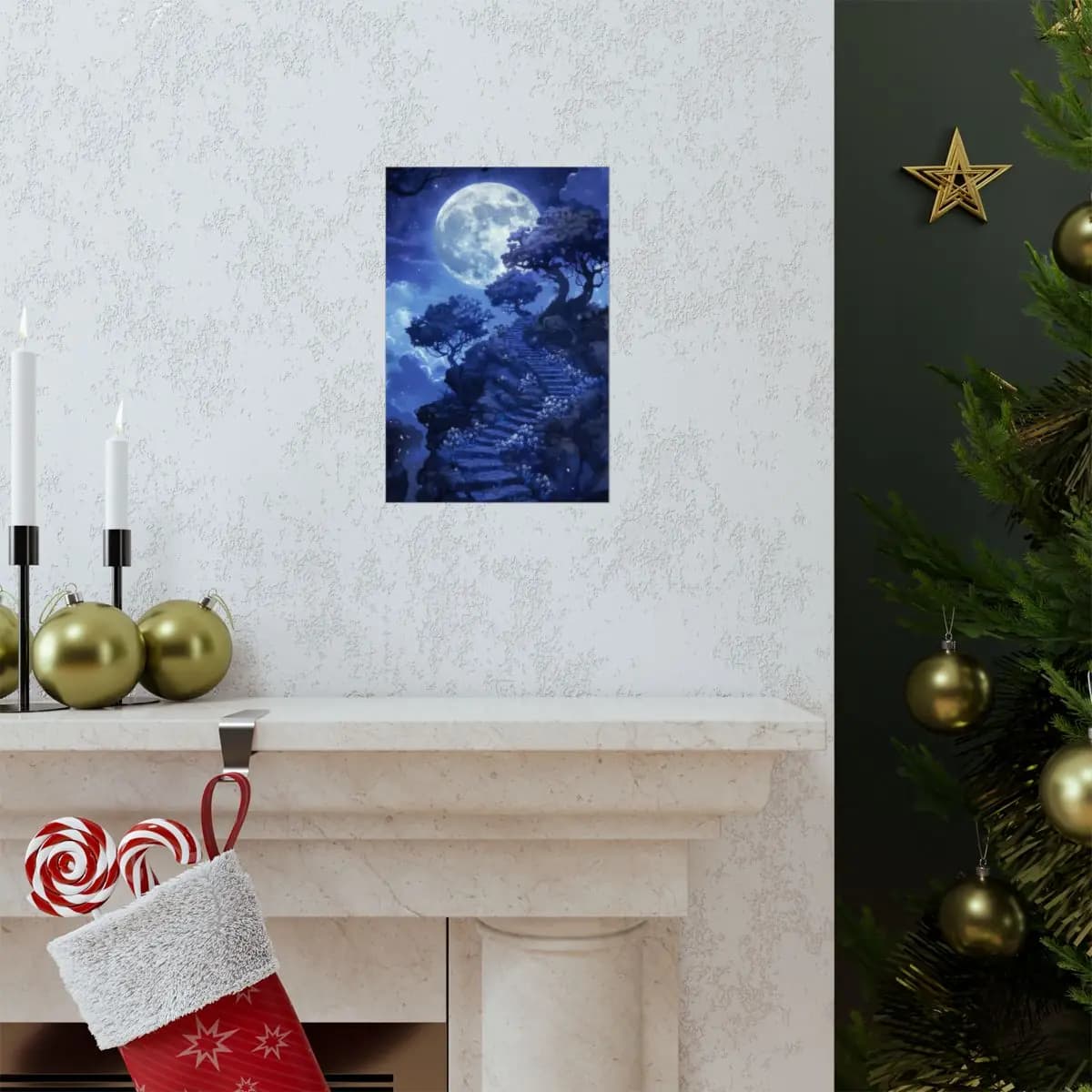 Stone Stairway Rising Toward a Radiant Full Moon - Matte Vertical Posters mockup angle 7