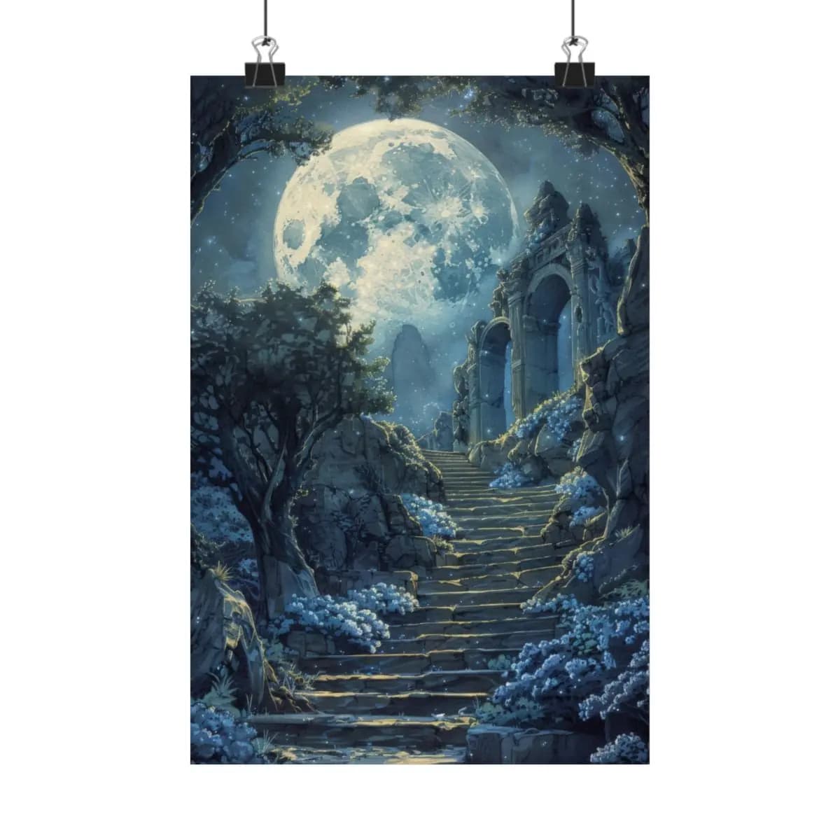 Stone Stairway to the Moonlit Ancient Gate - Matte Vertical Posters mockup angle 1