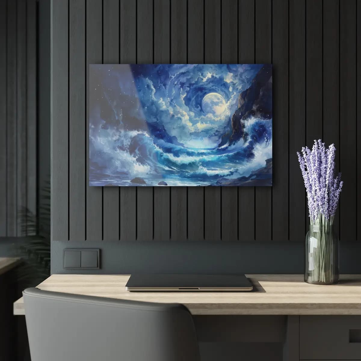 Full Moon Over a Stormy Night Sea - Acrylic Prints (French Cleat Hanging) mockup angle 5