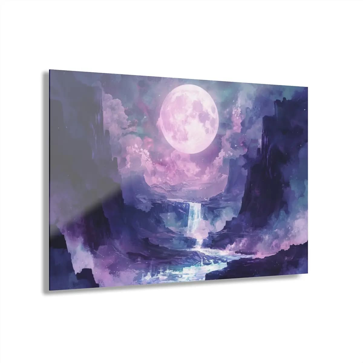Full Moon Rising Over Cliffs and Cascade - Acrylic Prints (French Cleat Hanging) mockup angle 1