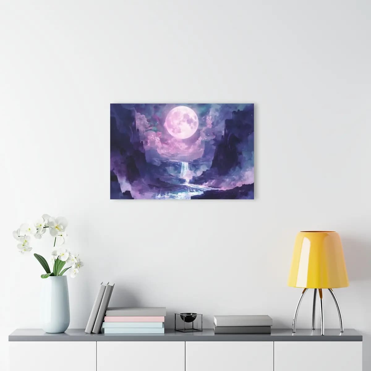 Full Moon Rising Over Cliffs and Cascade - Acrylic Prints (French Cleat Hanging) mockup angle 4