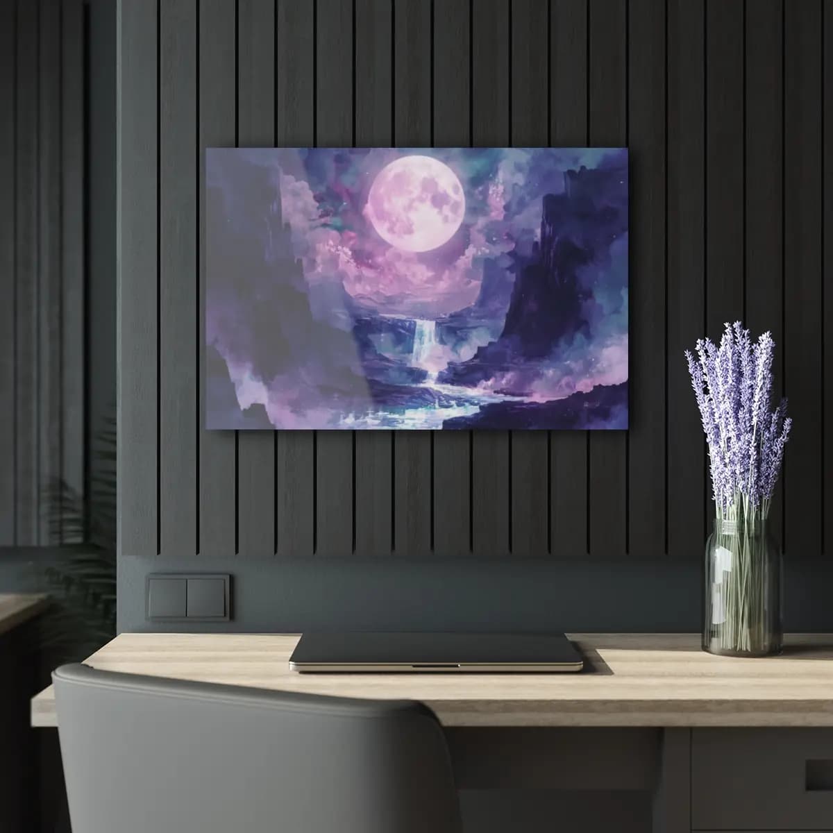 Full Moon Rising Over Cliffs and Cascade - Acrylic Prints (French Cleat Hanging) mockup angle 5