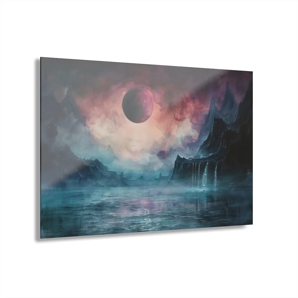 Eclipse Over a Misty Abyssal World - Acrylic Prints (French Cleat Hanging) mockup angle 1