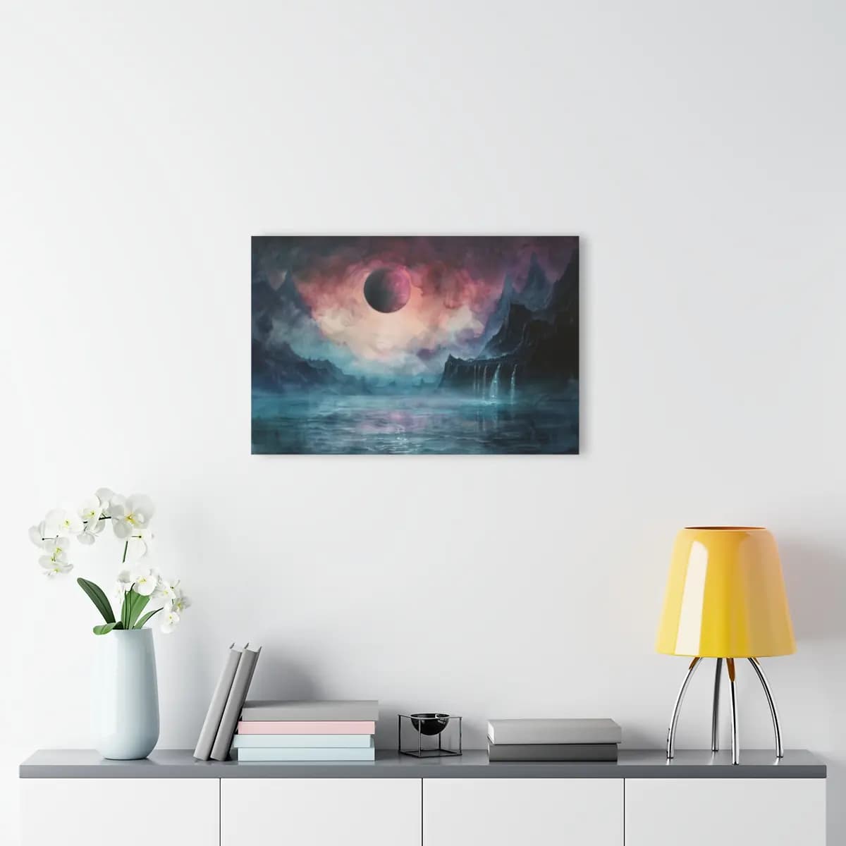 Eclipse Over a Misty Abyssal World - Acrylic Prints (French Cleat Hanging) mockup angle 4