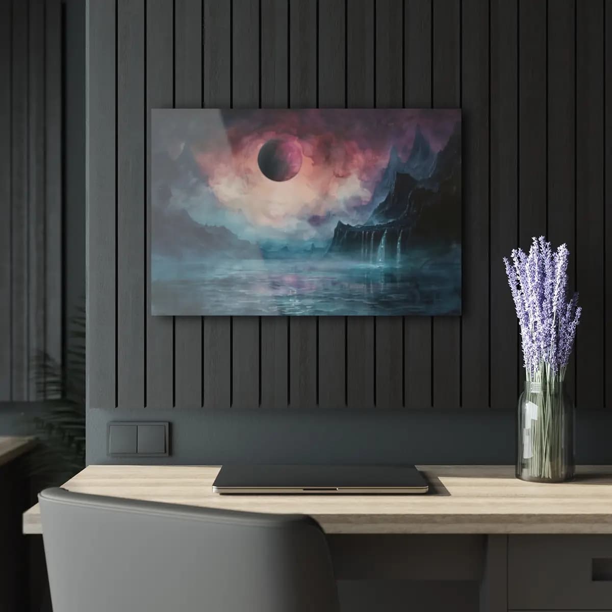 Eclipse Over a Misty Abyssal World - Acrylic Prints (French Cleat Hanging) mockup angle 5