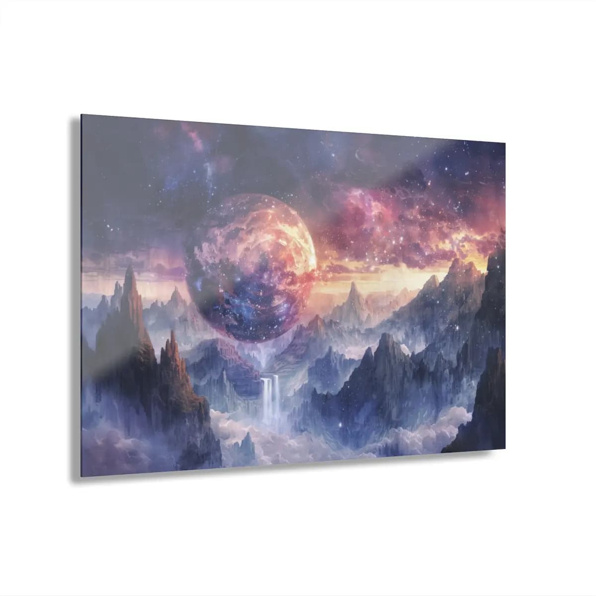 Celestial Planet Over Mystic Mountain Peaks - Acrylic Prints (French Cleat Hanging) mockup angle 1